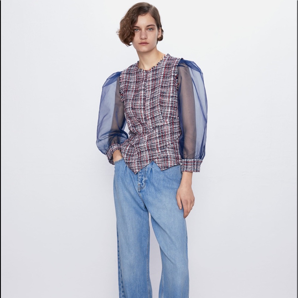 Zara ORGANZA AND TWEED TOP Blouse Asymmetric Hem Red/Blue Color NEW